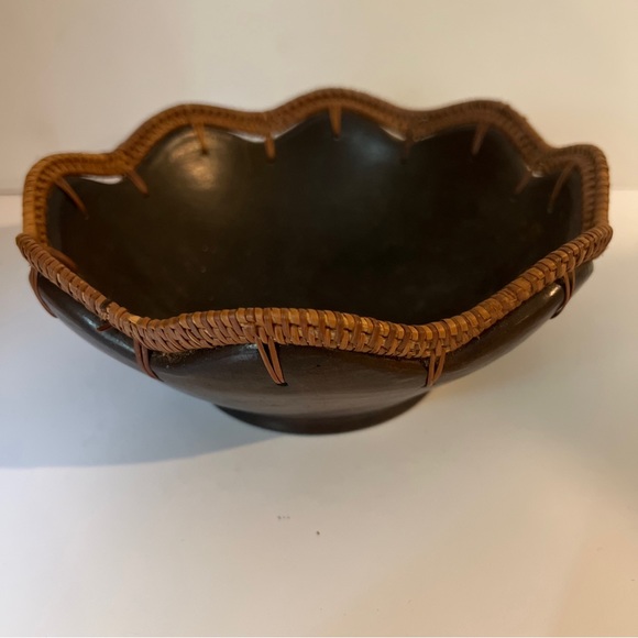 Vintage Wood Clay and Rattan bowl. woven wicker trim Hand Crafted In Indonesia - Picture 3 of 10